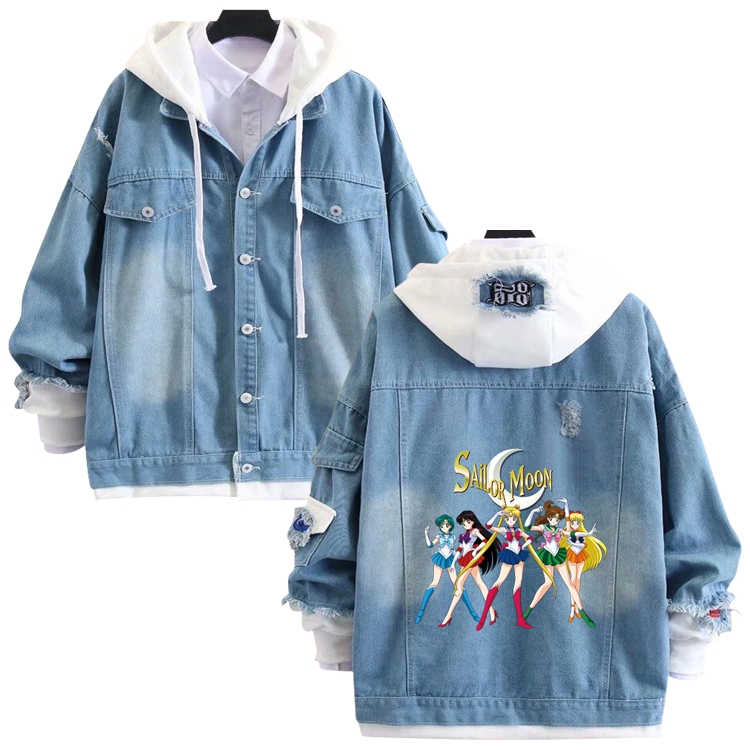 sailormoon anime stitching denim jacket top sweater from S to 4XL