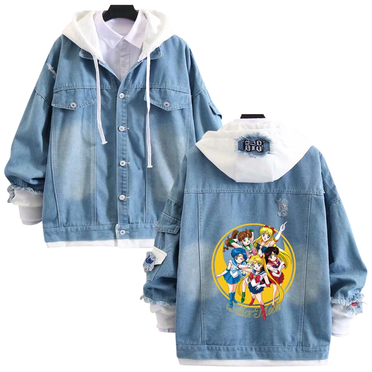 sailormoon anime stitching denim jacket top sweater from S to 4XL