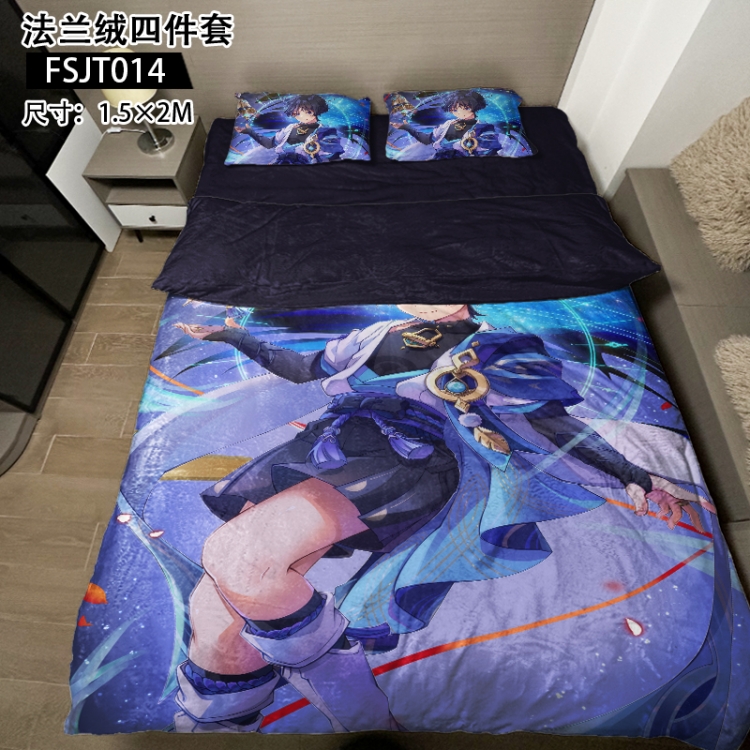 Genshin Impact Anime flannel four piece pillowcase duvet cover bed sheet 1.5X2m