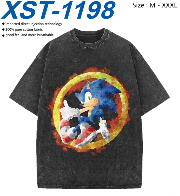 Sonic The Hedgehog Cotton direct spray color print washed denim T-shirt 250g from M to 3XL